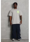 Unisex Oversize Baskılı Bisiklet Yaka T-Shirt - Gri