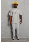 Unisex Oversize Baskılı Bisiklet Yaka T-Shirt - Gri