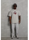 Unisex Oversize Baskılı Bisiklet Yaka T-Shirt - Gri