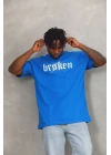Unisex Oversize Baskılı Bisiklet Yaka T-Shirt - Mavi