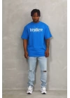 Unisex Oversize Baskılı Bisiklet Yaka T-Shirt - Mavi