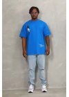 Unisex Oversize Baskılı Bisiklet Yaka T-Shirt - Mavi