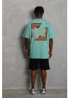 Unisex Oversize Baskılı Bisiklet Yaka T-Shirt - Mint Yeşili