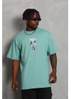Unisex Oversize Baskılı Bisiklet Yaka T-Shirt - Mint Yeşili
