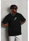 Unisex Oversize Baskılı Bisiklet Yaka T-Shirt - Siyah
