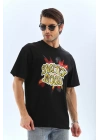 Unisex Oversize Baskılı Bisiklet Yaka T-Shirt - Siyah