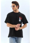 Unisex Oversize Baskılı Bisiklet Yaka T-Shirt - Siyah