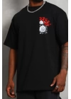 Unisex Oversize Baskılı Bisiklet Yaka T-Shirt - Siyah