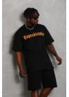 Unisex Oversize Baskılı Bisiklet Yaka T-Shirt - Siyah