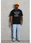 Unisex Oversize Baskılı Bisiklet Yaka T-Shirt - Siyah