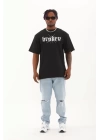 Unisex Oversize Baskılı Bisiklet Yaka T-Shirt - Siyah