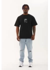 Unisex Oversize Baskılı Bisiklet Yaka T-Shirt - Siyah