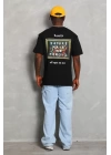 Unisex Oversize Baskılı Bisiklet Yaka T-Shirt - Siyah