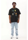 Unisex Oversize Baskılı Bisiklet Yaka T-Shirt - Siyah