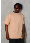 Unisex Oversize Düz Bisiklet Yaka T-Shirt - Bej