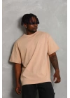 Unisex Oversize Düz Bisiklet Yaka T-Shirt - Bej