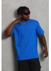 Unisex Oversize Düz Bisiklet Yaka T-Shirt - Mavi