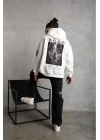 Unisex Sırt Baskılı Kapüşonlu Üç İplik Oversize Sweatshirt - Beyaz