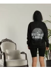 Unisex Sırt Baskılı Kapüşonlu Üç İplik Oversize Sweatshirt - Siyah