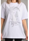Unisex Taş Desenli Oversize T-Shirt - Beyaz