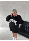 Unisex Üç İplik Kapşonlu Baskılı SweatShirt - Siyah