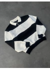 Unisex Üç İplik Parçalı Yakalı SweatShirt - Siyah