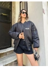 Unisex Uzun Kol Baskılı Bomber Ceket - Siyah