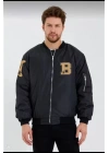 Unisex Uzun Kol Baskılı Bomber Ceket - Siyah