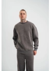 Unisex Uzun Kol Bisiklet Yaka Yıkamalı SweatShirt - Füme
