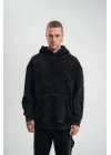 Unisex Uzun Kol Kapşonlu Yıkamalı Nakışlı SweatShirt - Siyah