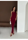 Uzun Abiye Elbise Yırtmaçlı Sırt Dekolteli Şık Gece Elbisesi - Bordo