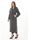 Uzun Kaşe Kaban – Yünlü Dokuma Kaşmir Kumaş, Kruvaze Yaka, Kuşaklı Astarlı Tesettür Uyumlu Şık Kışlık Siyah Model - Füme