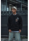 Uzun Kol Bisiklet Yaka Baskılı SweatShirt - Siyah