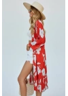 Uzun Kol Desenli Belden Bağlamalı Rahat Kalıp Uzun Saten Kimono