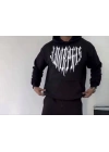 Uzun Kol Kapşonlu Baskılı SweatShirt - Siyah