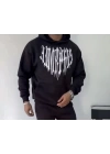 Uzun Kol Kapşonlu Baskılı SweatShirt - Siyah