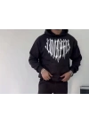Uzun Kol Kapşonlu Baskılı SweatShirt - Siyah