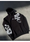 Uzun Kol Kapşonlu Baskılı SweatShirt - Siyah