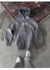 Uzun Kol Kapşonlu Göğüs Baskılı SweatShirt - Gri