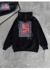 Uzun Kol Kapşonlu Ön Ve Arka Baskılı SweatShirt - Siyah