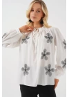 Uzun Kol Nakışlı Örme Bluz 951 - Beyaz