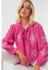 Uzun Kol Nakışlı Örme Bluz 951 - Pembe