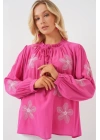 Uzun Kol Nakışlı Örme Bluz 951 - Pembe
