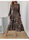 Uzun Kollu Bisiklet Yaka Leopar Desenli Midi Süprem Elbise