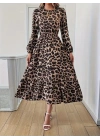Uzun Kollu Bisiklet Yaka Leopar Desenli Midi Süprem Elbise