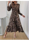 Uzun Kollu Bisiklet Yaka Leopar Desenli Midi Süprem Elbise