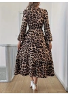 Uzun Kollu Bisiklet Yaka Leopar Desenli Midi Süprem Elbise