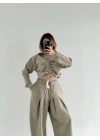 Uzun Kollu Önü İp Büzgülü  Crop Ve Pantolon İkili Takım - Haki