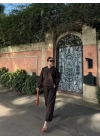 Uzun Kollu Yakalı Gömlek Pantalon Takım- Kahverengi