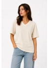 V Yaka Basic Tişört Kısa Kol Yazlık Regular Fit T-Shirt - Bej